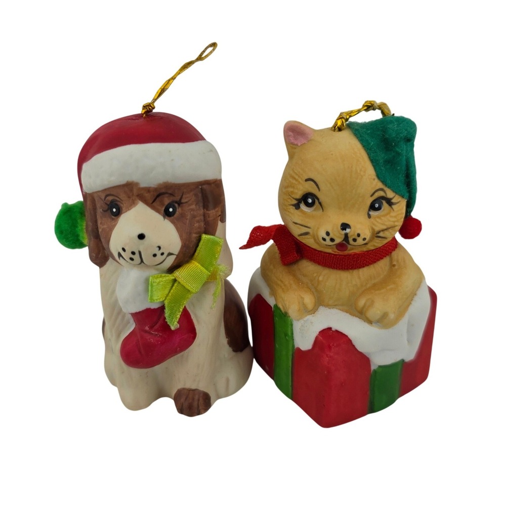 Giftco Cat Gift Box Puppy Santa Hat 1986 Porcelain Bell Christmas Ornaments VTG